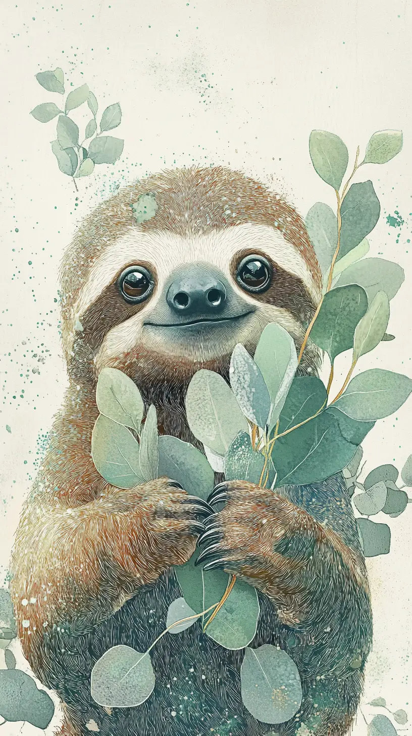 Gentle sloth holding leaves in soft storybook illustration