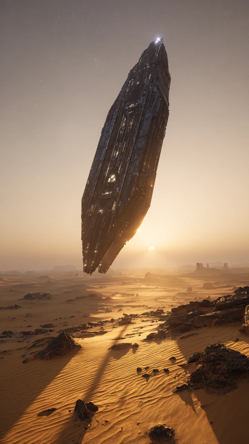 Colossal Alien Starship Over Sahara Desert At Sunset