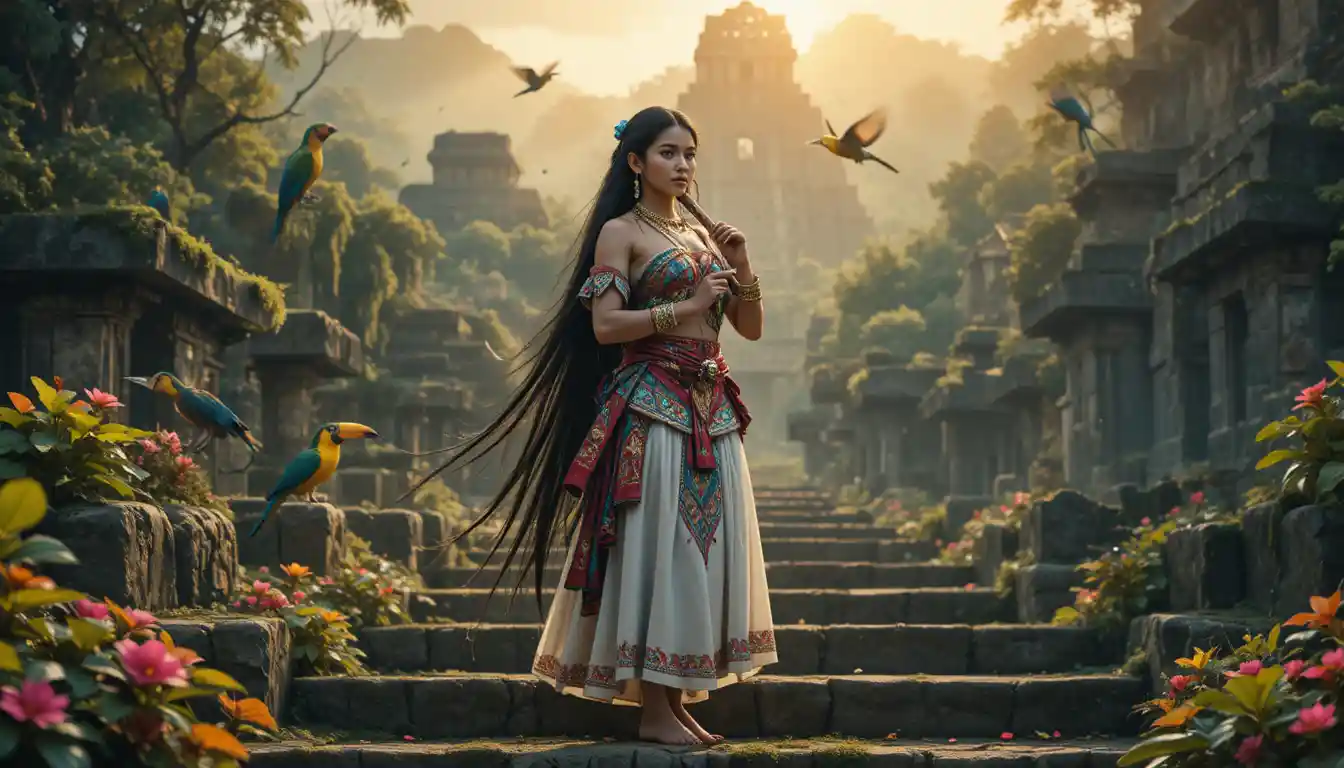 Mayan woman playing pan flute on ancient jungle temple steps