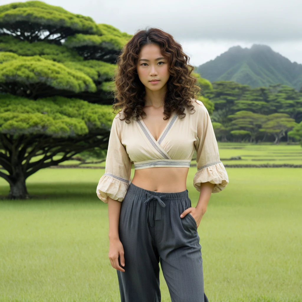 Femme d’Okinawa debout dans un champ sous un ciel nuageux