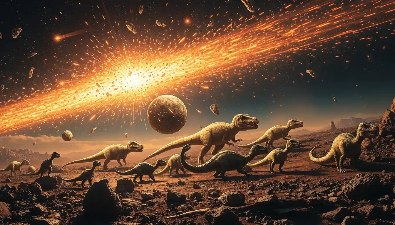 Frozen meteor shower revealing dinosaurs suspended in cosmic debris