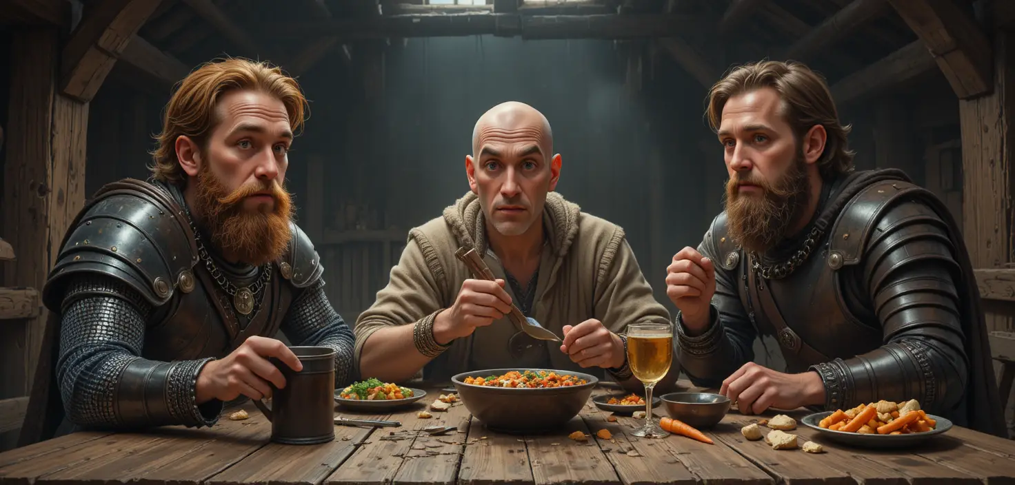 Three medieval men dining at a rustic wooden table
