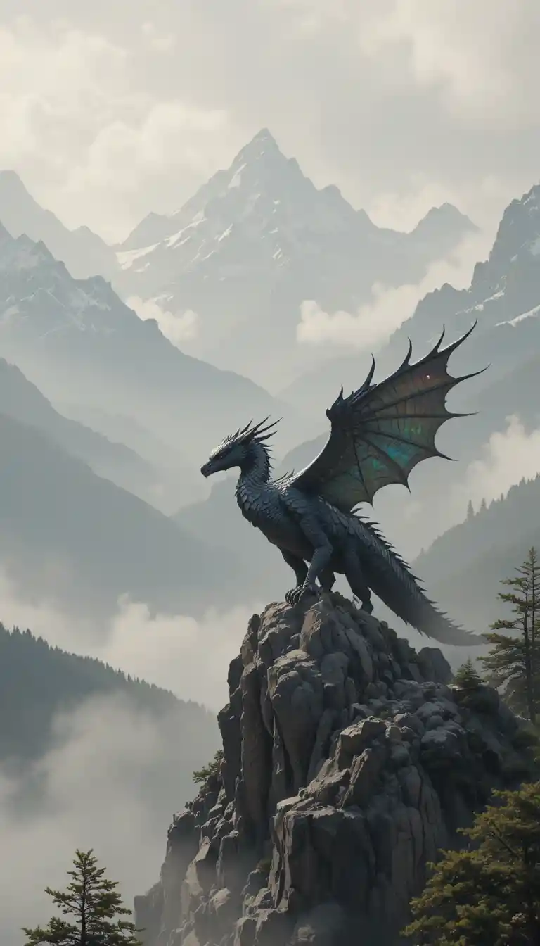 Majestätischer Drache landet auf nebligem japanischem Berggipfel