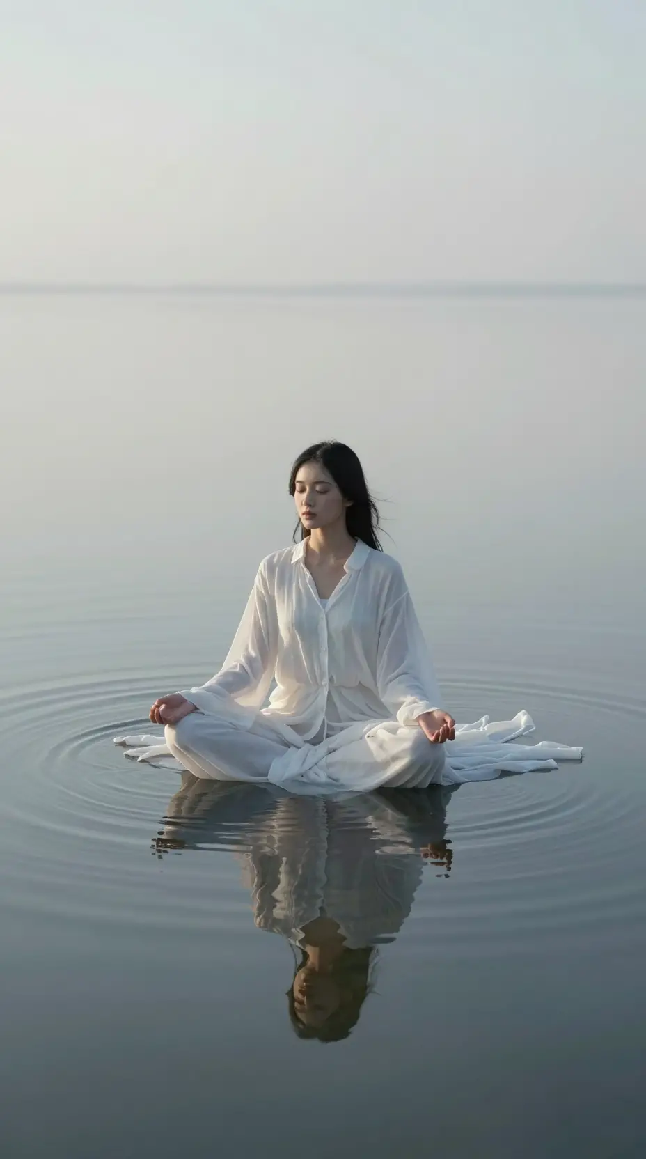 Young woman meditating on a tranquil reflective water plain
