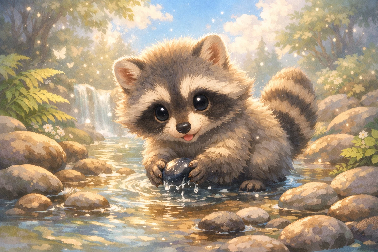 Cute baby raccoon washing a pebble in a forest stream