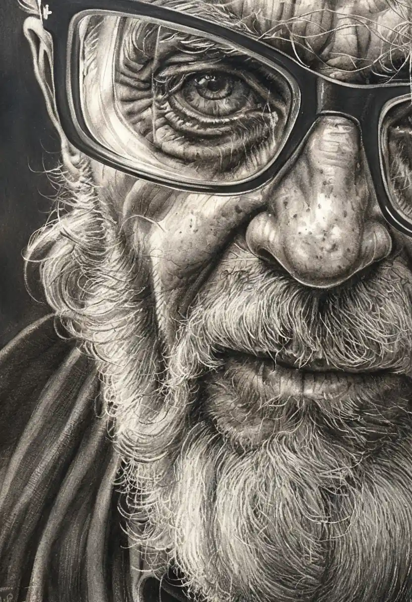 Close up pencil portrait of an aging man in glasses