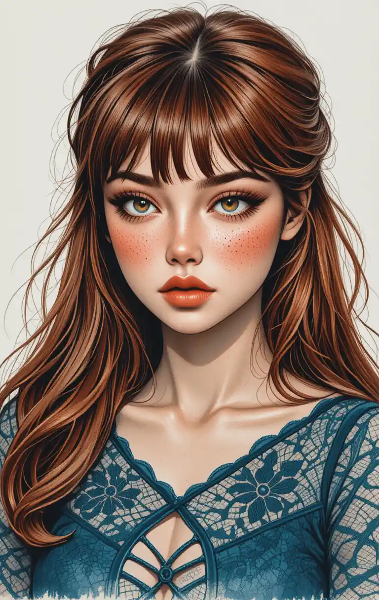 Colored pencil portrait of a freckled girl with direct gaze