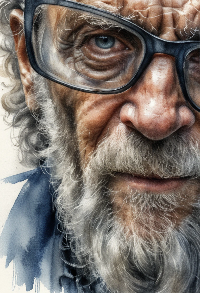 Close up pencil portrait of an aging man in glasses