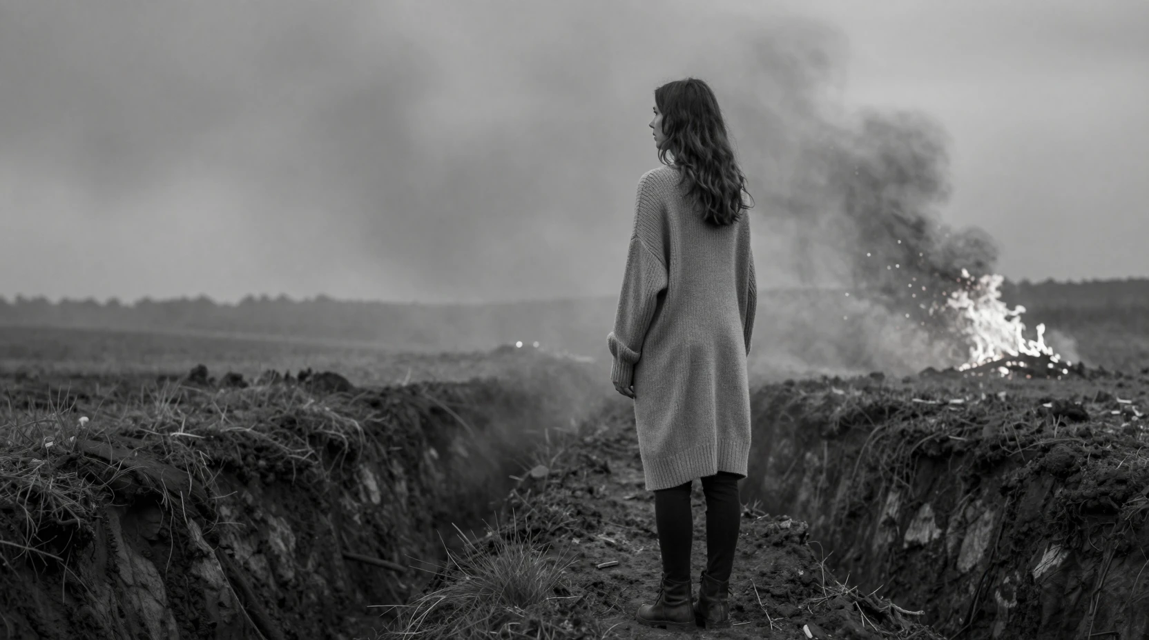 Young woman overlooks a desolate smoky battlefield landscape