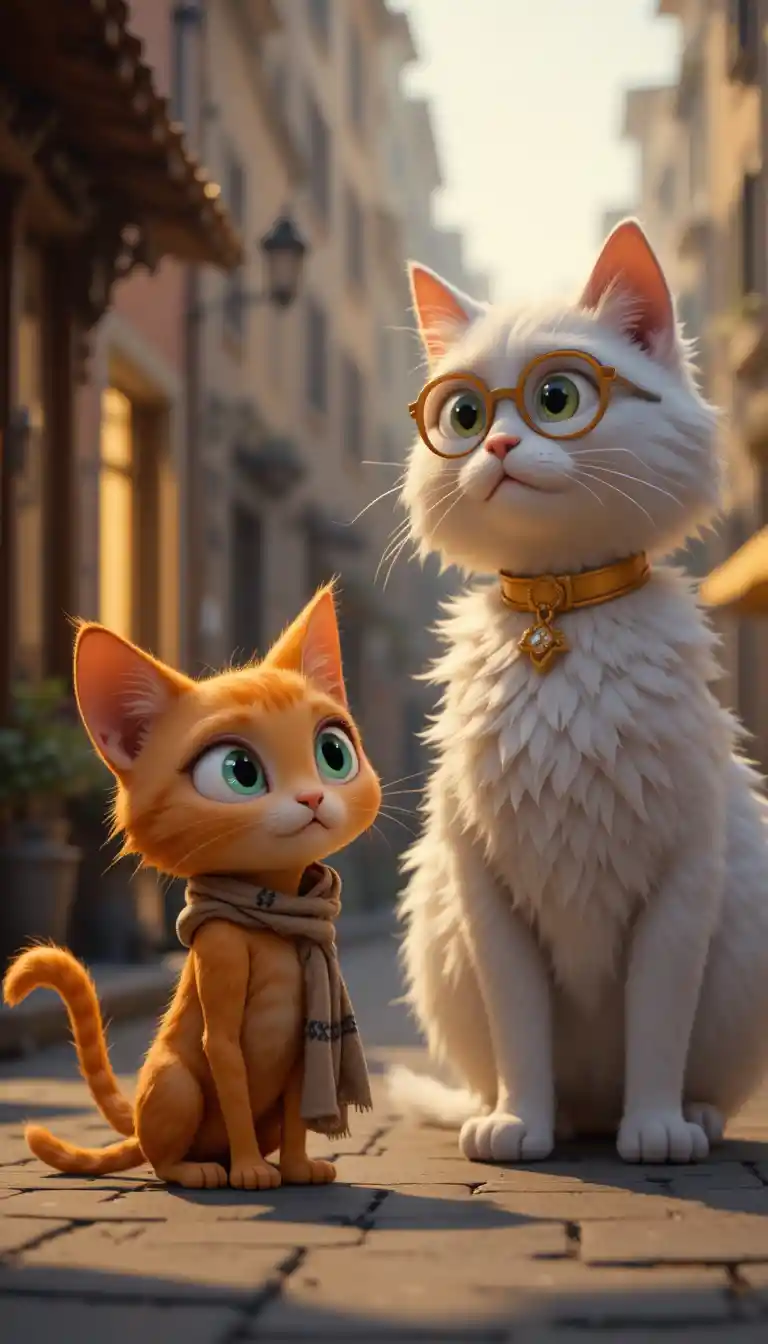 Skinny orange stray cat meets kind rich white cat