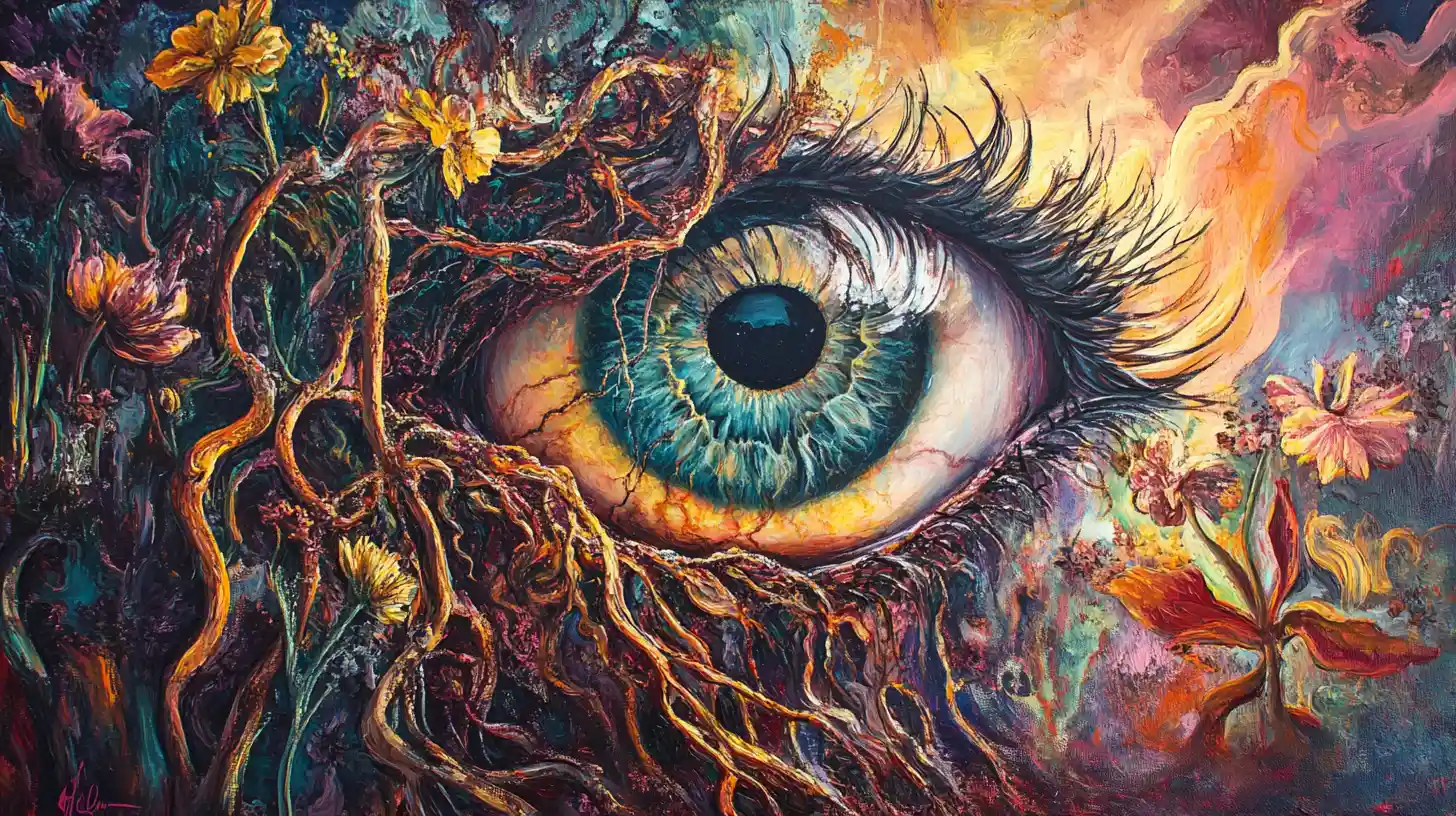 Surreal close up eyeball trapped in twisting roots