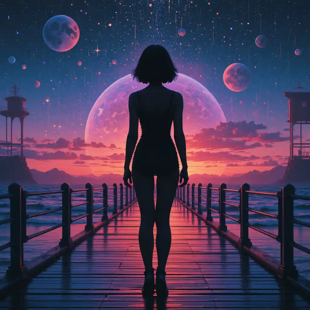 宇宙的な夕焼けに浮かぶ反射する桟橋のグリッチ少女シルエット