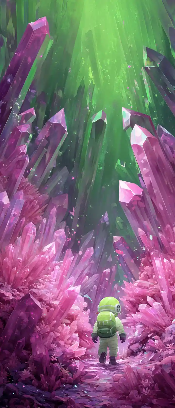 Anime explorer in glowing radioactive crystal alien forest