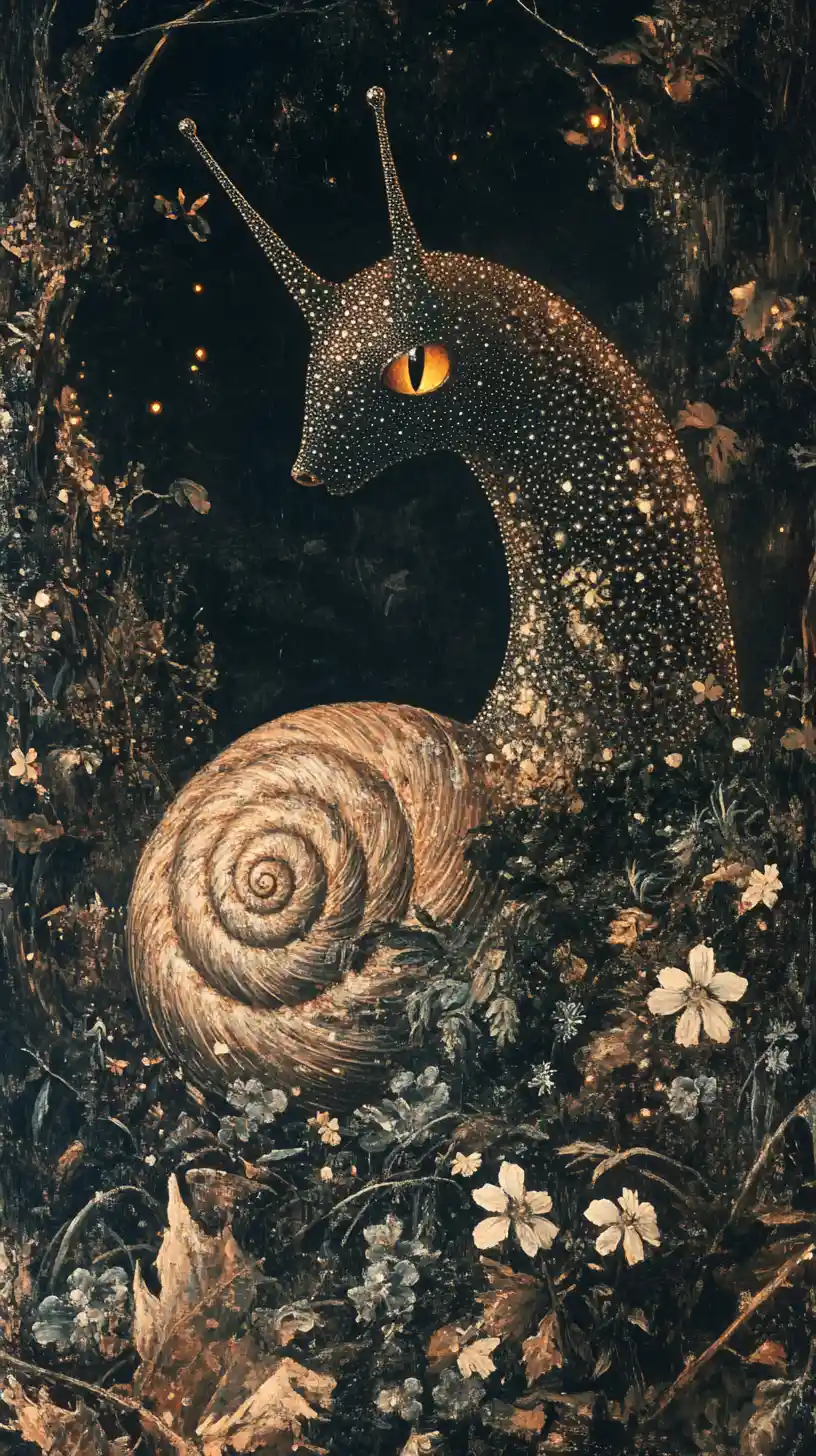 三葉草中與發光森林裡的混種蝸牛貓生物