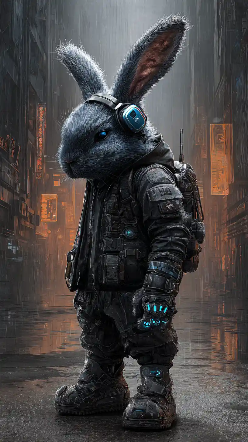 Cyberpunk rabbit warrior glowing in a rainy neon alley
