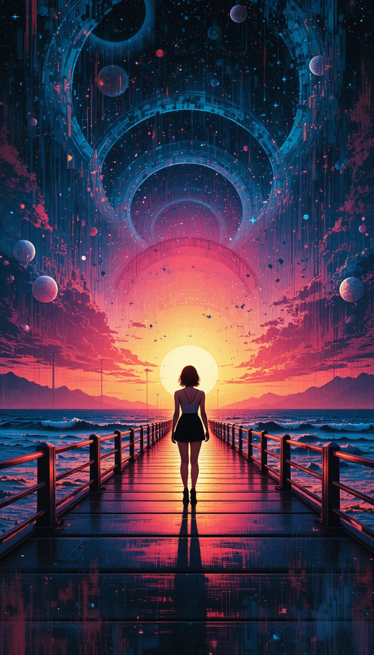 Glitched girl silhouette on reflective pier at cosmic sunset