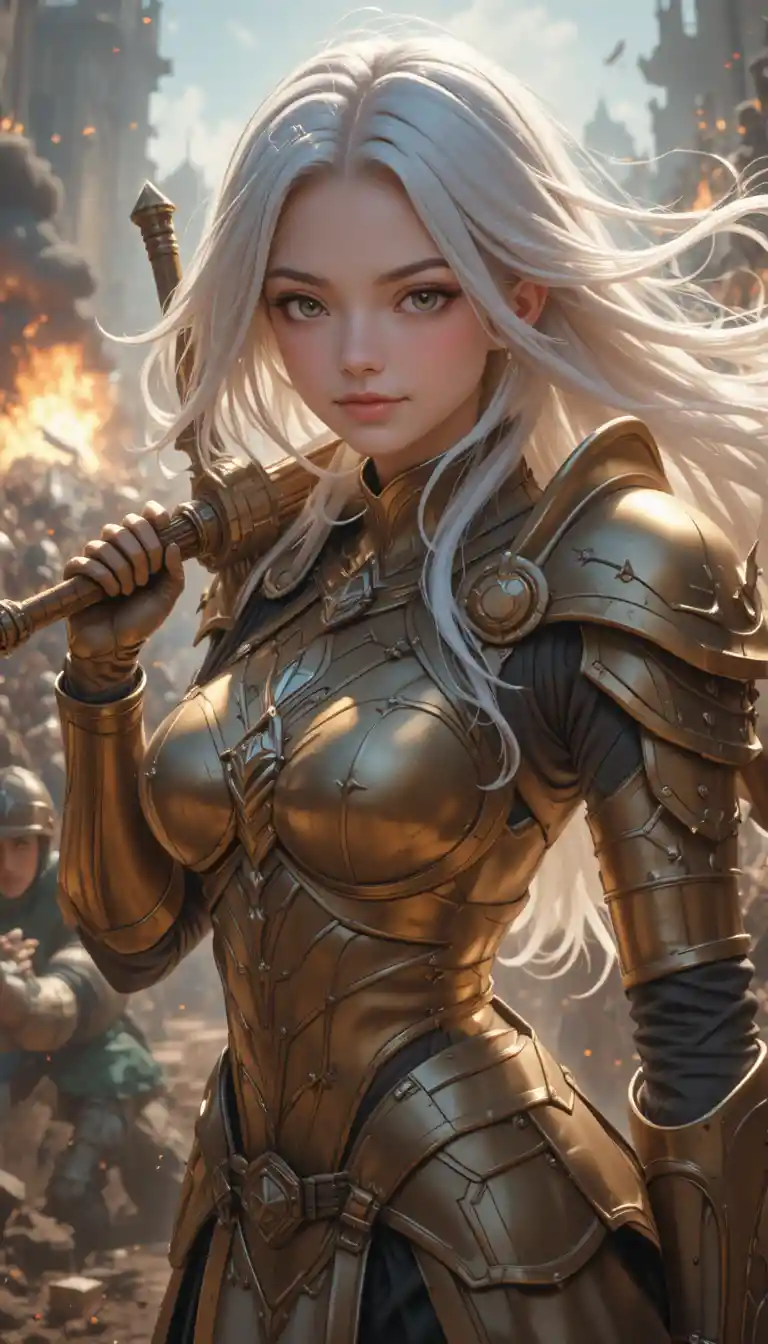 Anime warrior woman in golden armor amid explosive battle