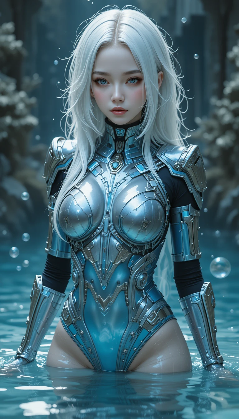White haired sci fi woman in blue armored suit underwater