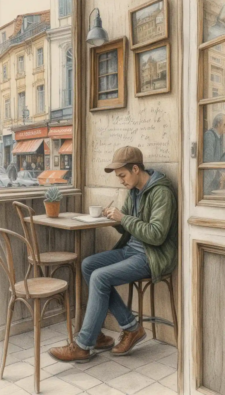 Thoughtful writer at a small cafe table with notebook