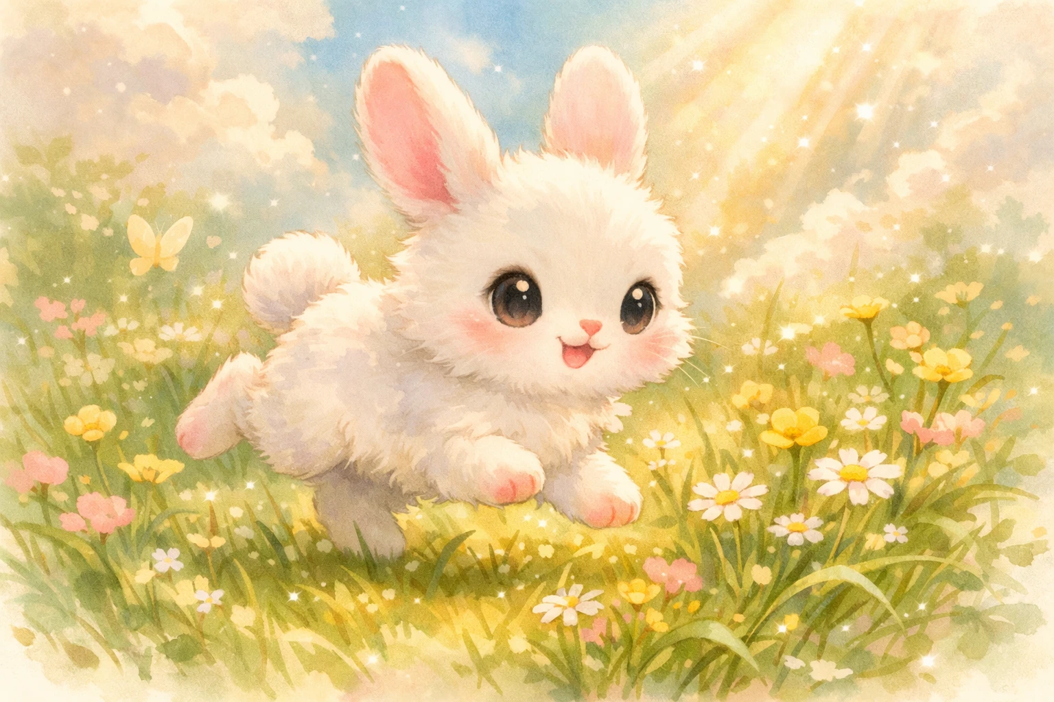 Cute baby rabbit playing in a sunny flower meadow