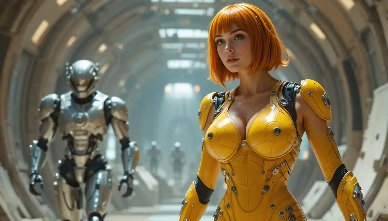 Donna curvy di fantascienza che avanza in tuta spaziale gialla corazzata