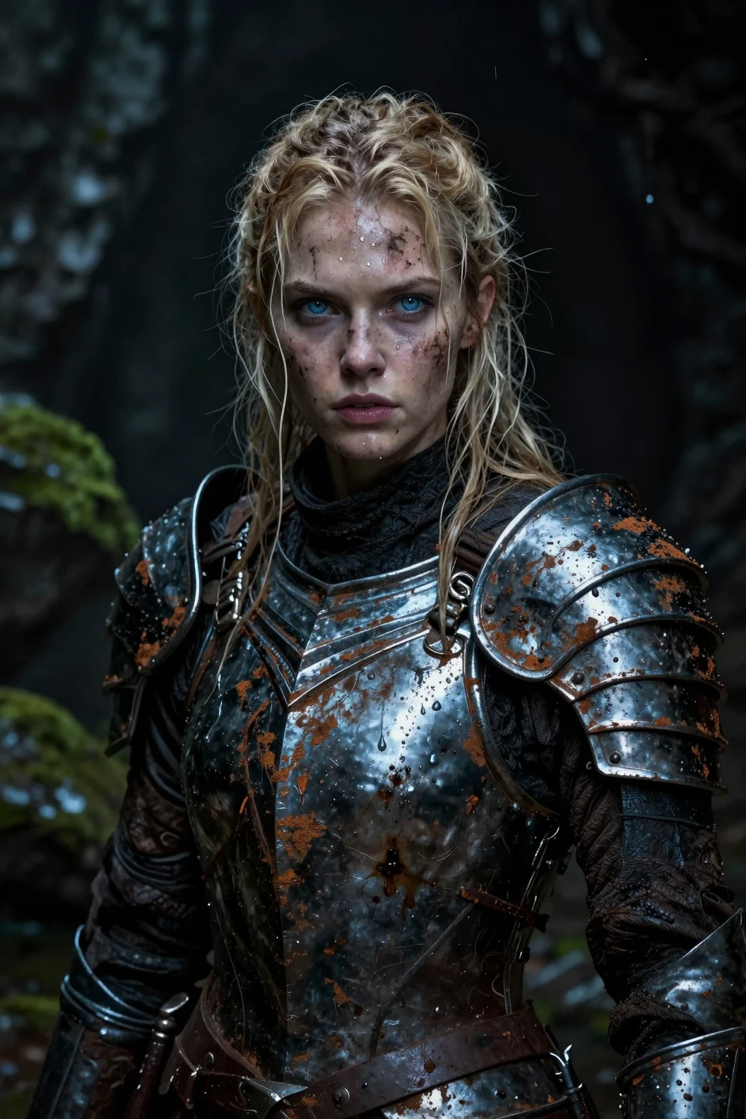 Battle hardened female warrior in rusted gothic armor