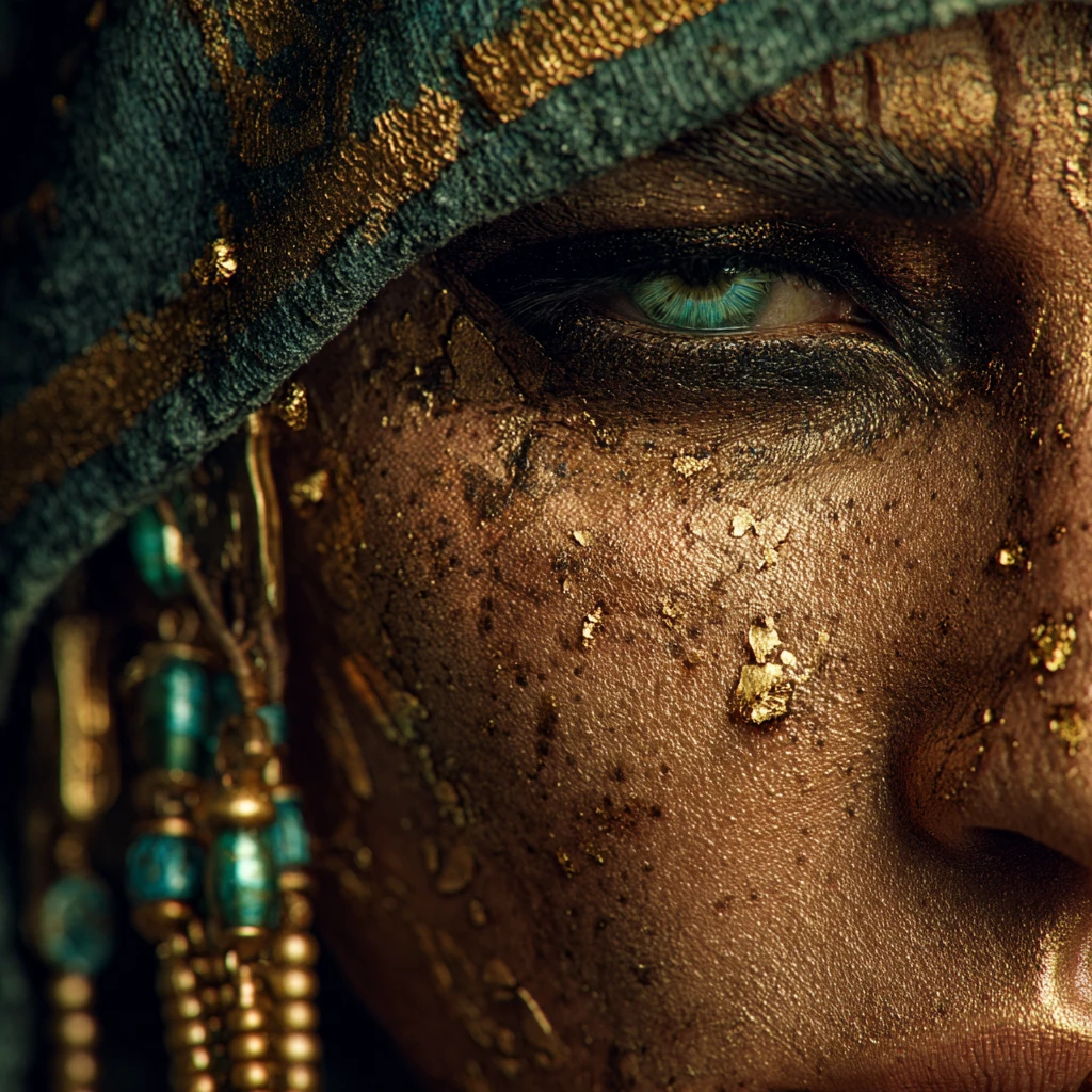 Macro portrait of an ancient Egyptian priestess in shadows