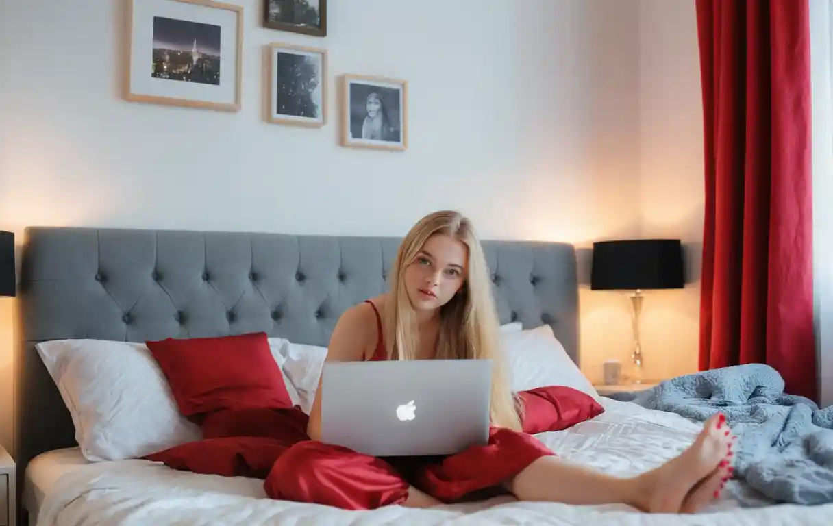 Joven mujer rubia usando portátil mientras está acostada en la cama