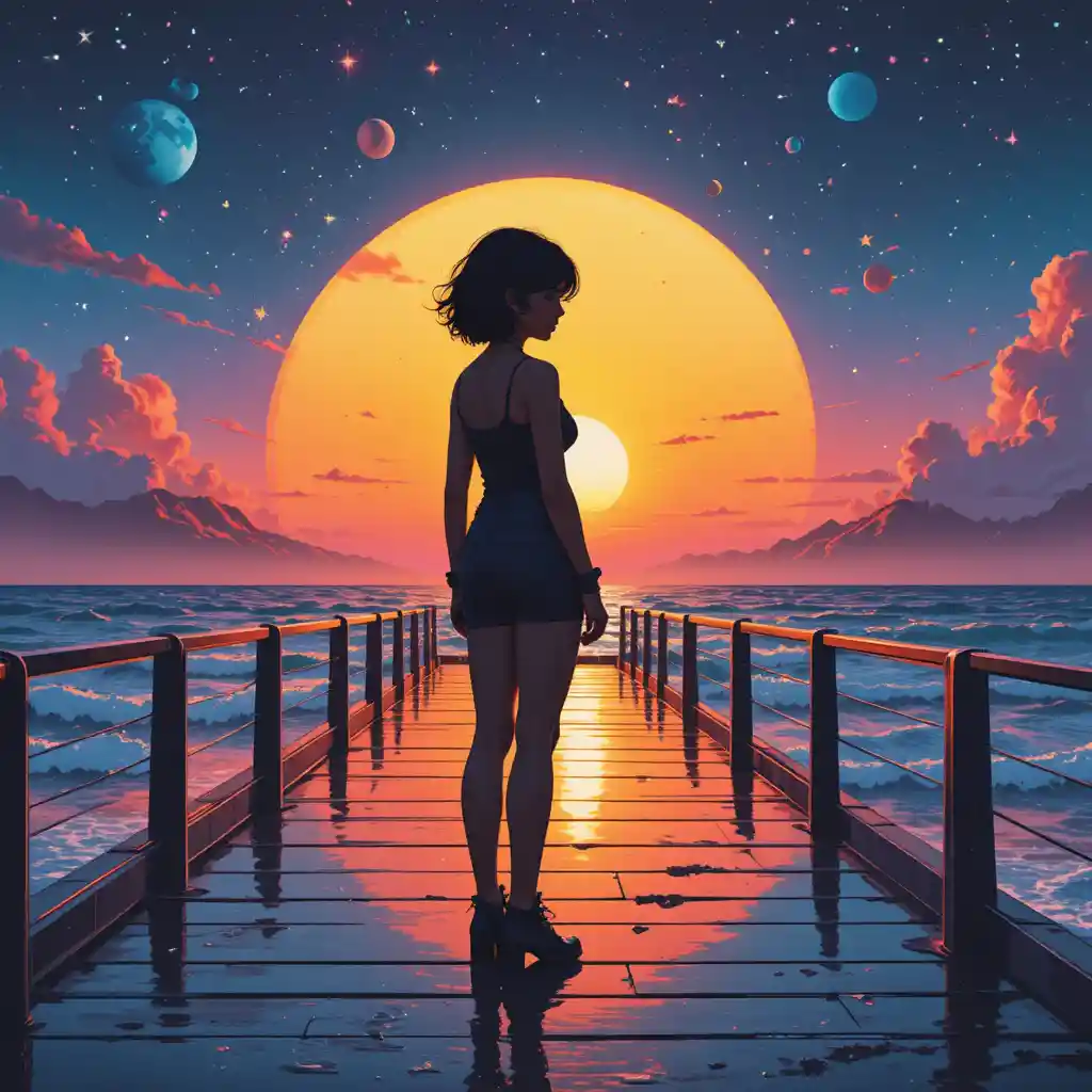 Silhouetted girl on cosmic pier at surreal sunset