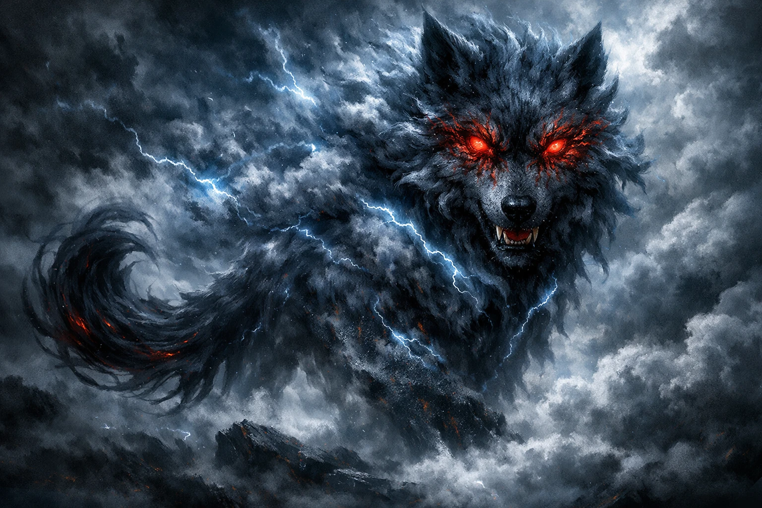 Storm cloud wolf with lightning and shadow tail