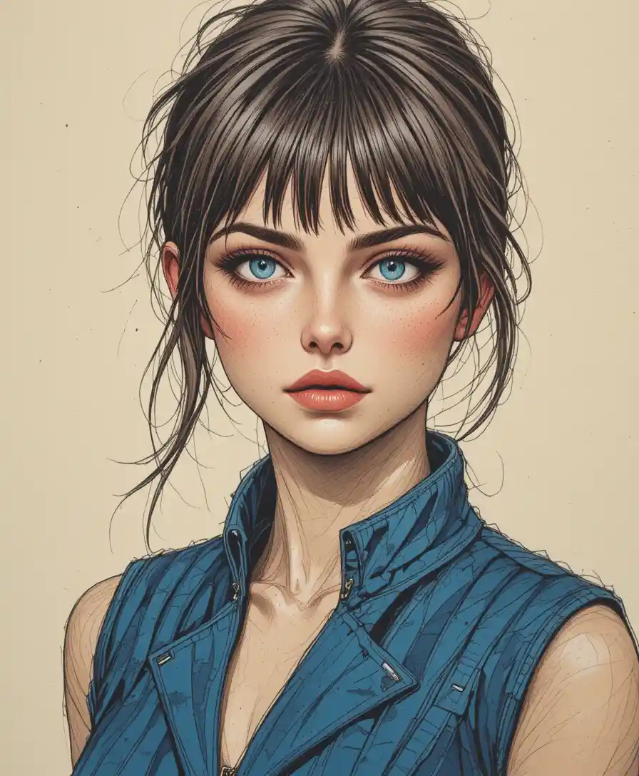 Color pencil portrait of a young woman with blue eyes