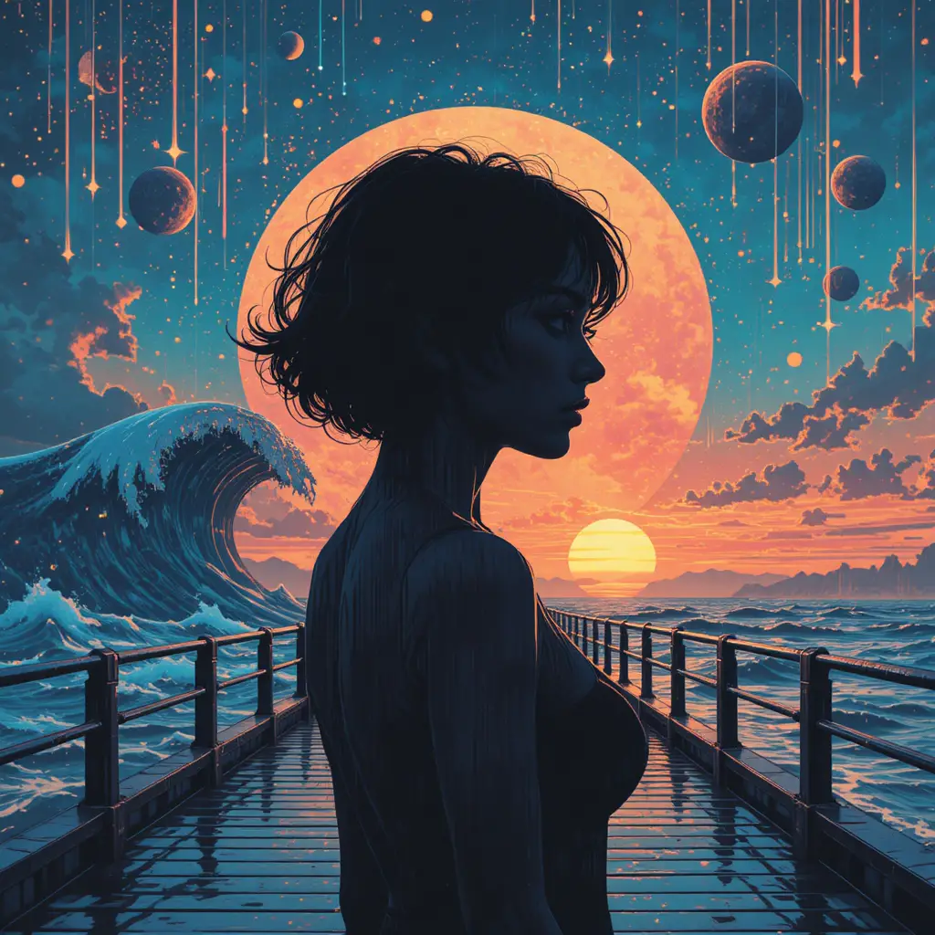 Glitched girl silhouette on reflective pier at cosmic sunset
