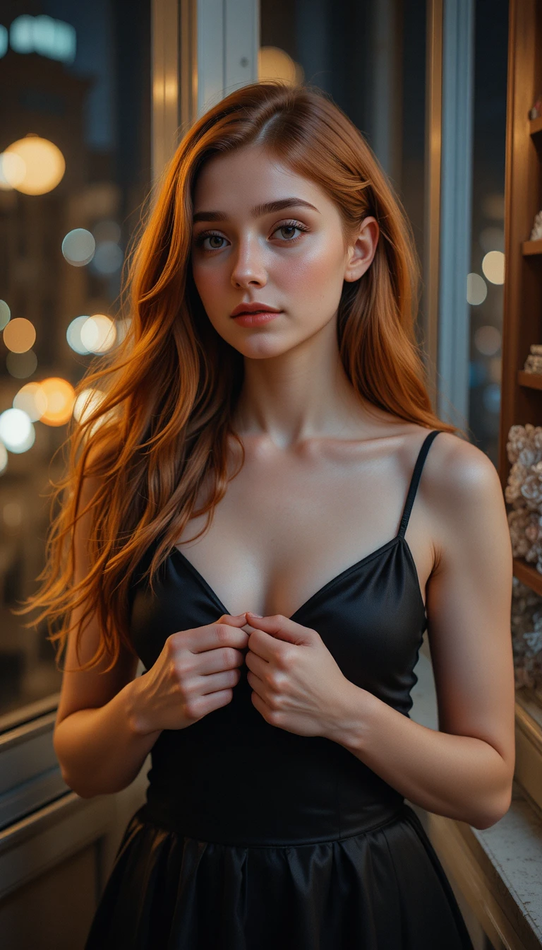 Young red haired woman by window in warm night light