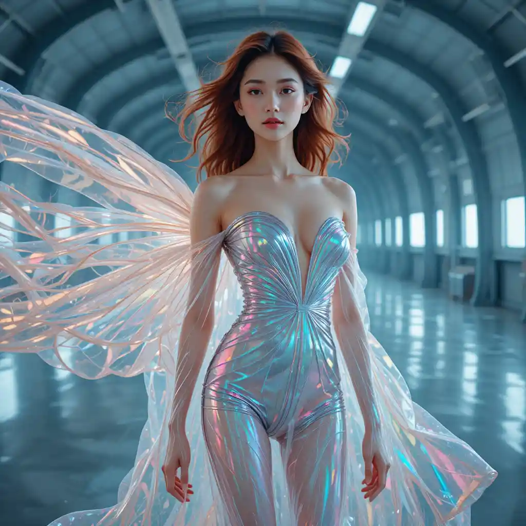 Korean woman in liquid silver chiffon dress in hangar