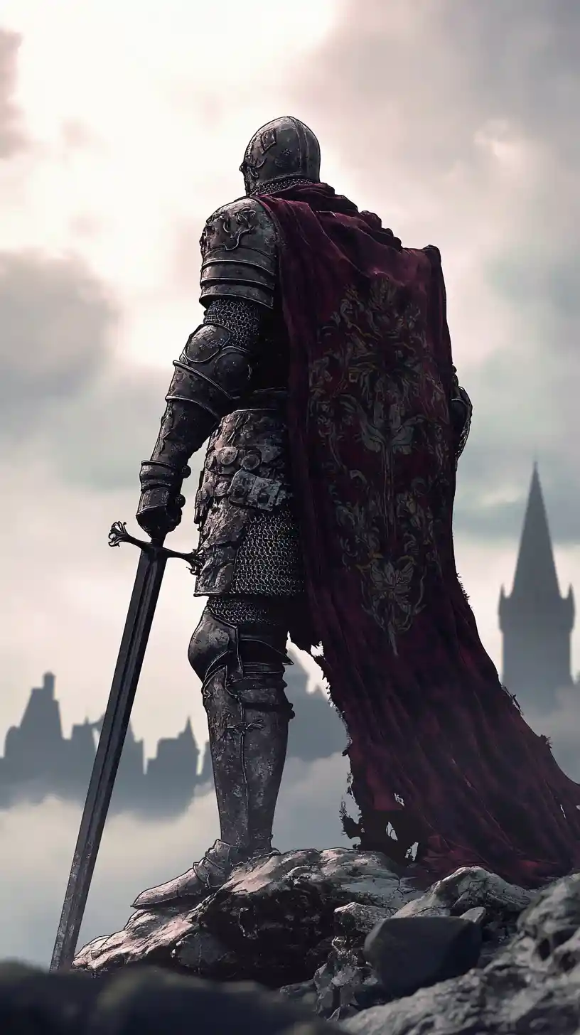 Medieval knight on rocky ledge in backlit cel shaded scene