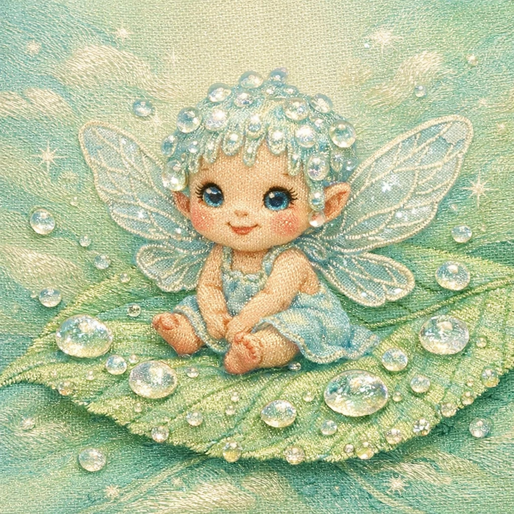 Tiny dewdrop fairy sitting on a leaf embroidery illustration