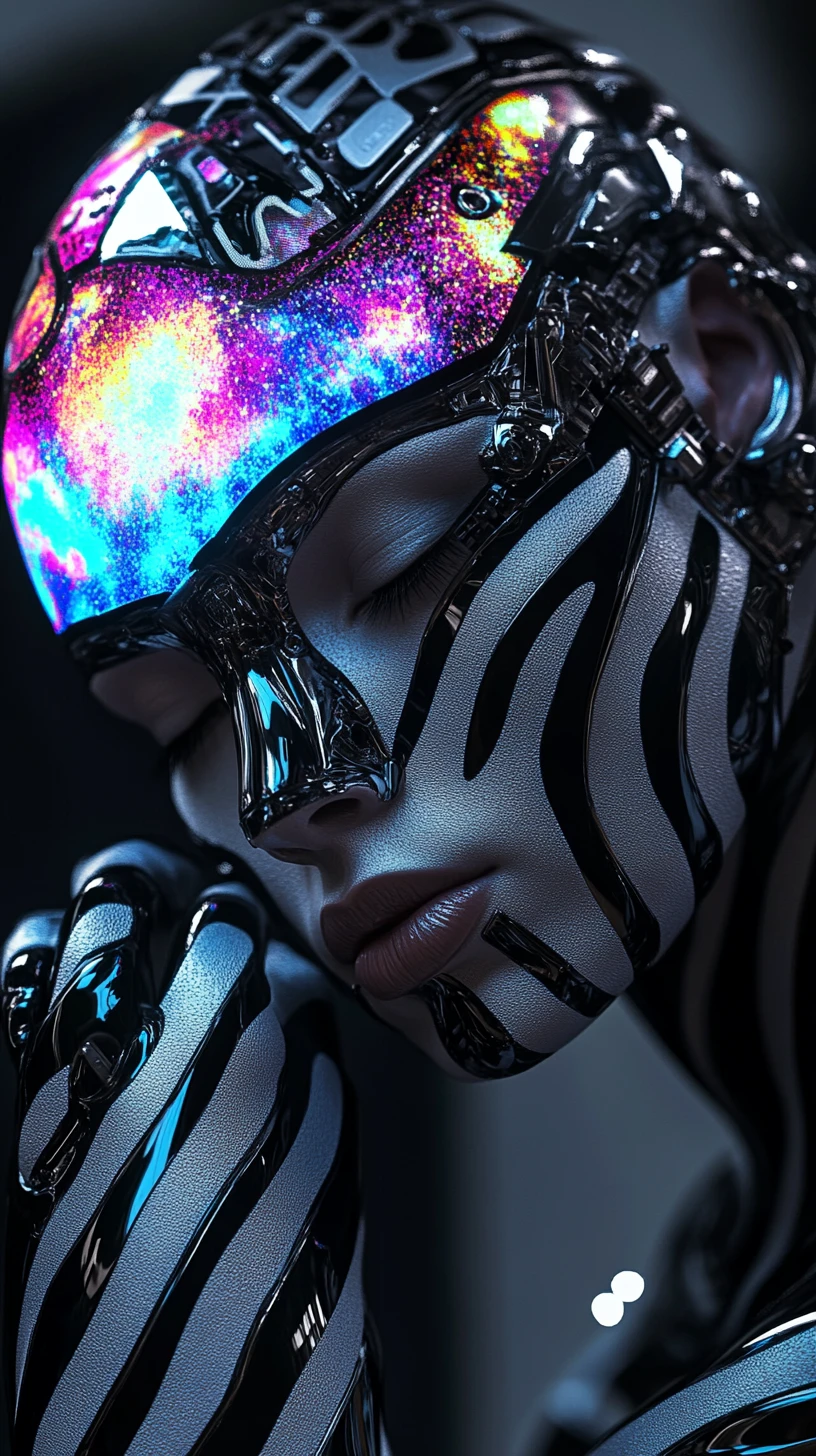 Futuristic cyborg portrait with cosmic glowing face patterns