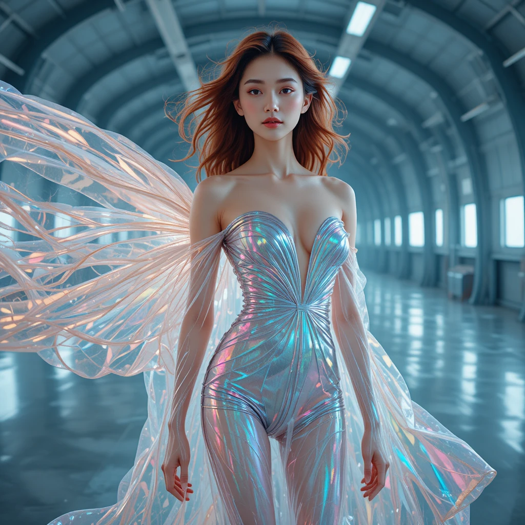 Korean woman in liquid silver chiffon dress in hangar