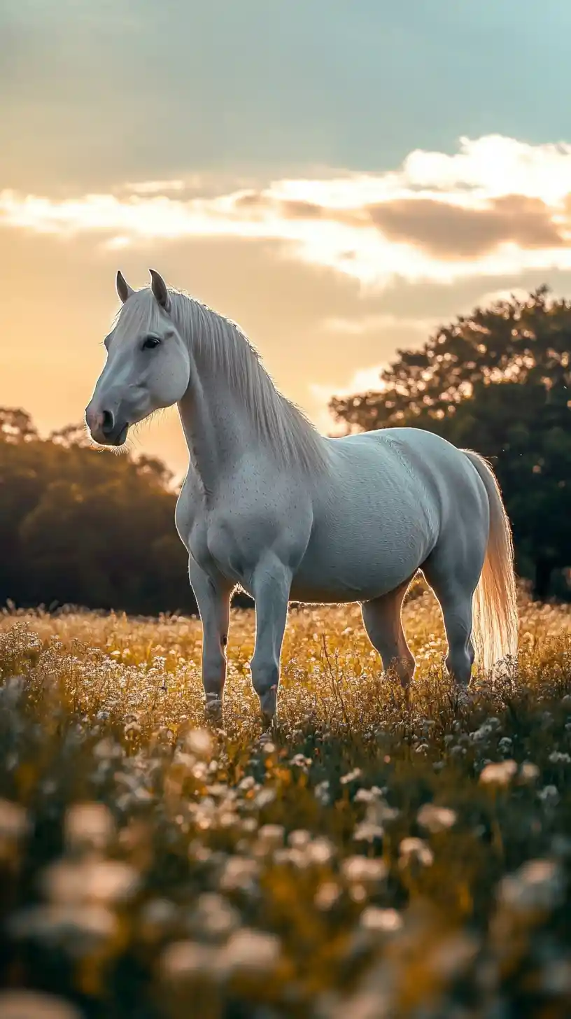 White horse standing in a sunlit meadow at golden hour