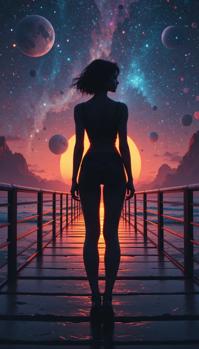 Ragazza in controluce sul molo davanti a onde cosmiche al tramonto