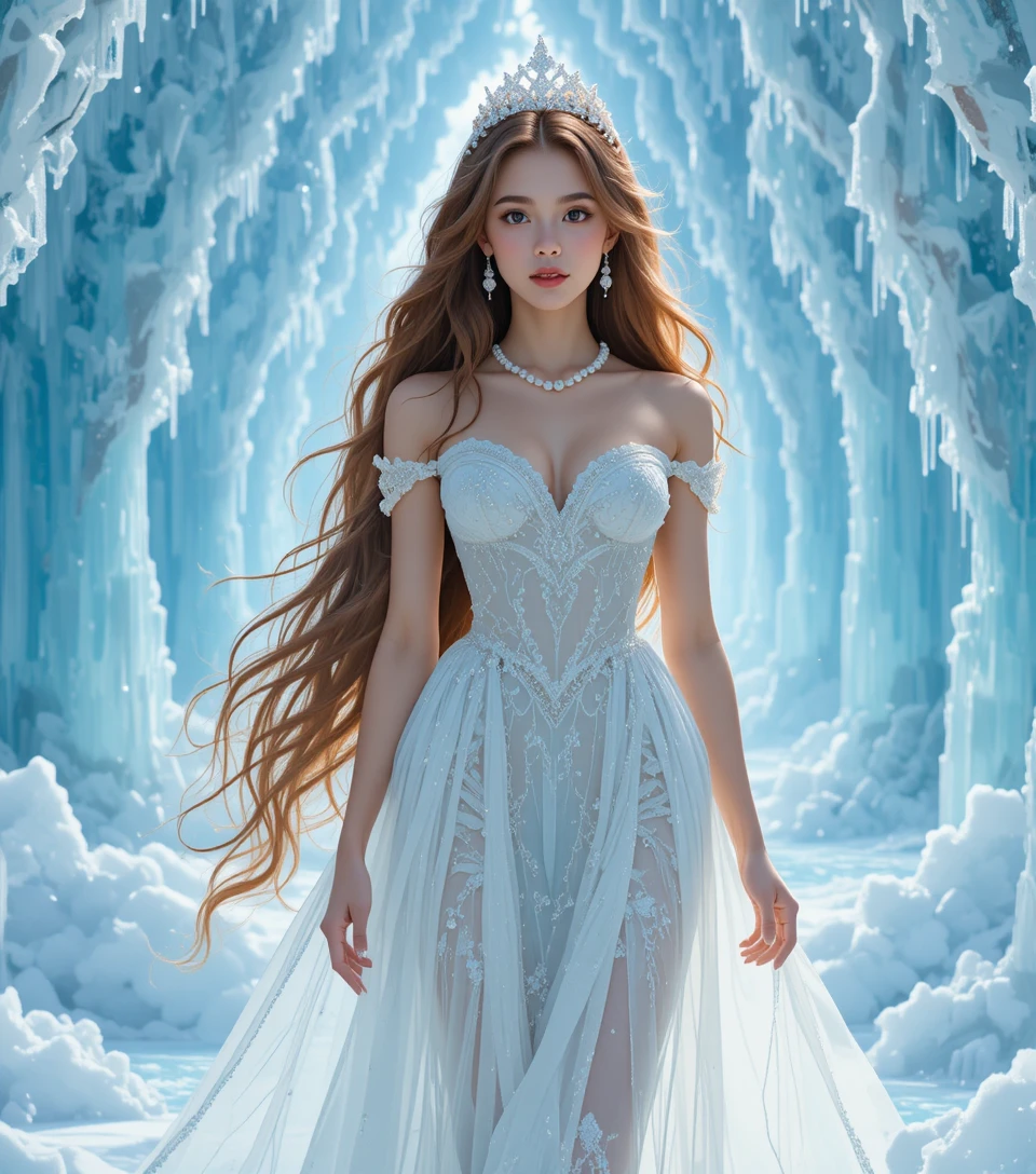 Princess walking through a sparkling crystal ice castle