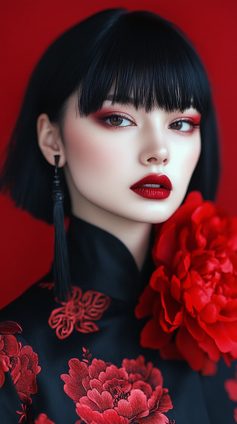 Elegant woman in black cheongsam with red peony details