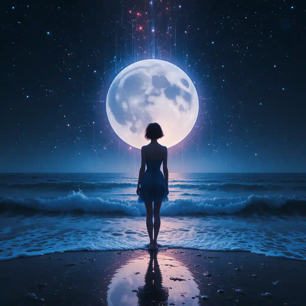 Silhouette surréaliste d’une femme sous une lune cosmique lumineuse