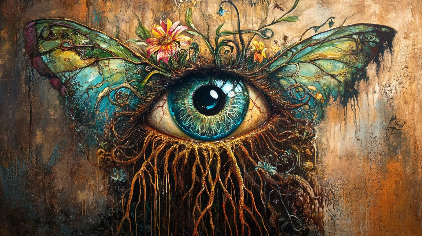 Surreal fairy bound by roots in a vivid dreamscape