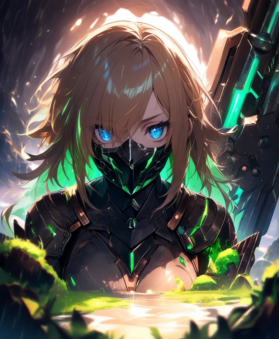 Battle hardened female warrior in a dark wet cave