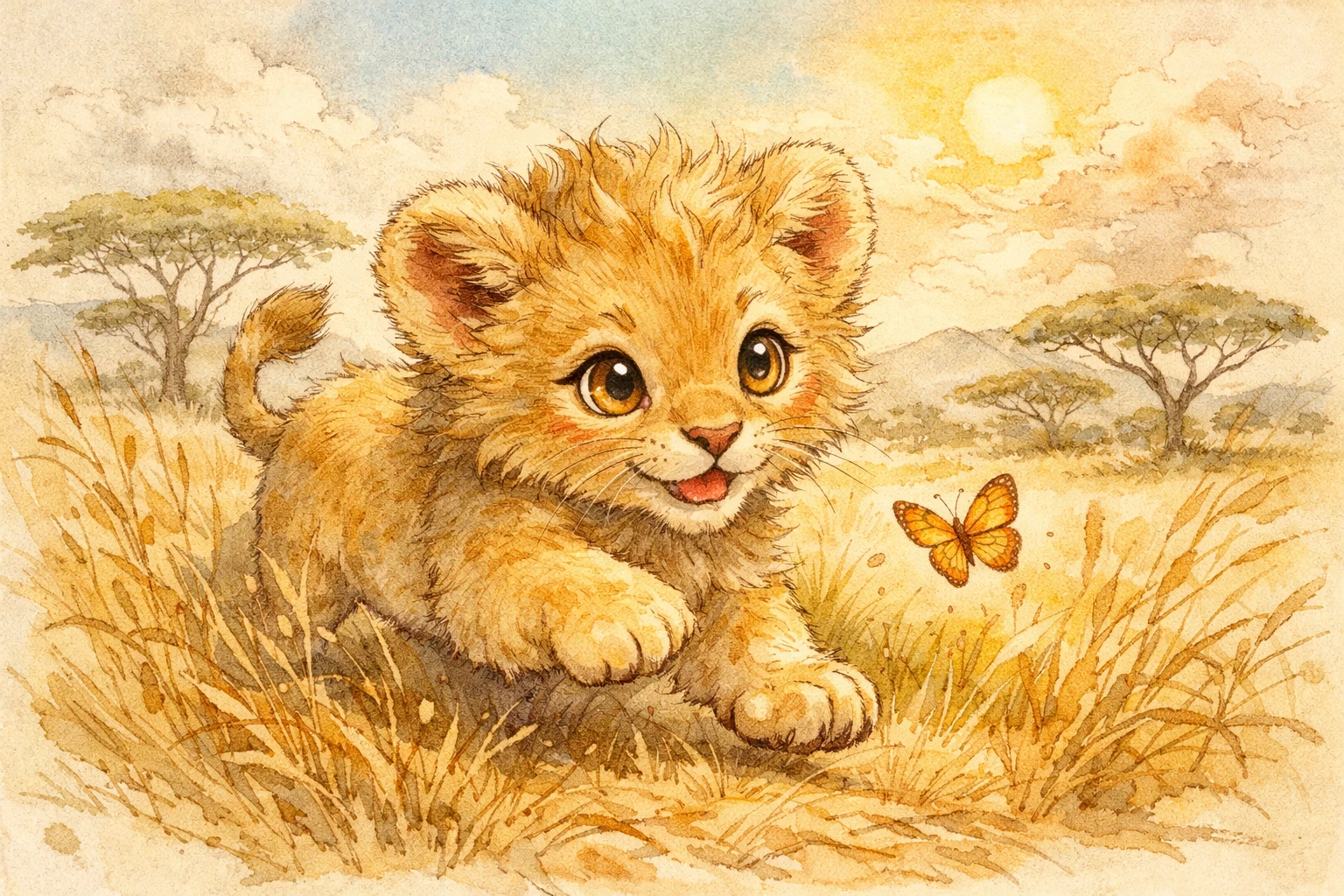 Playful baby lion cub chasing a butterfly in savanna