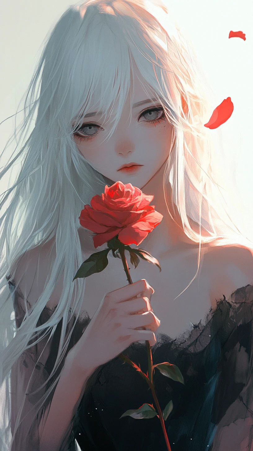 Anime girl holding a wilting rose against a minimal background