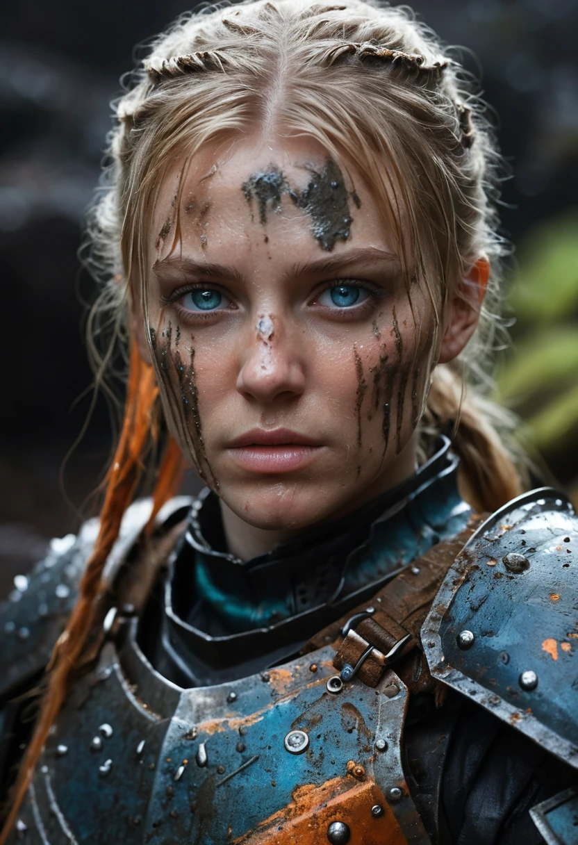 Battle hardened female warrior in gothic armor in cave