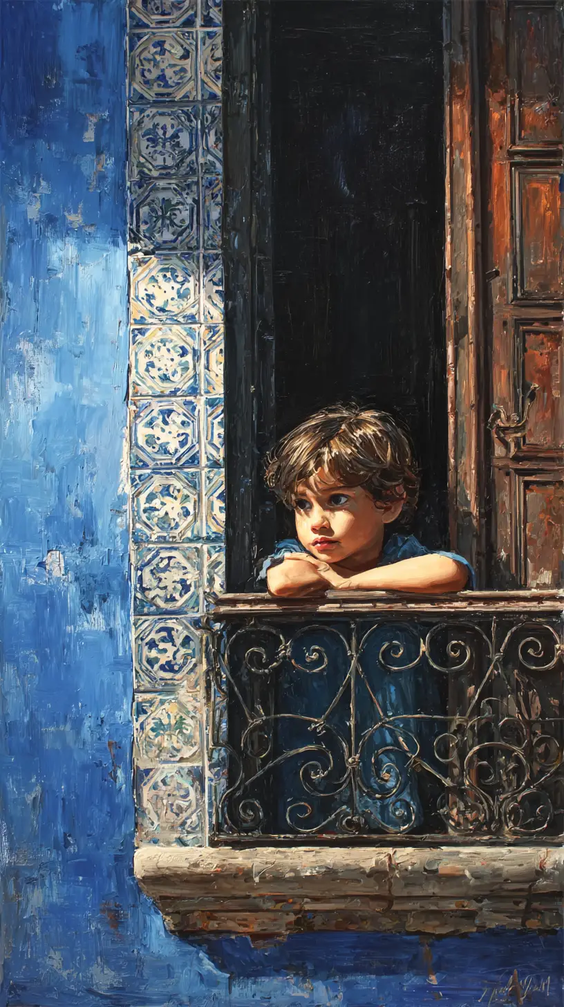 Bambino affacciato a finestra rustica in dipinto a olio