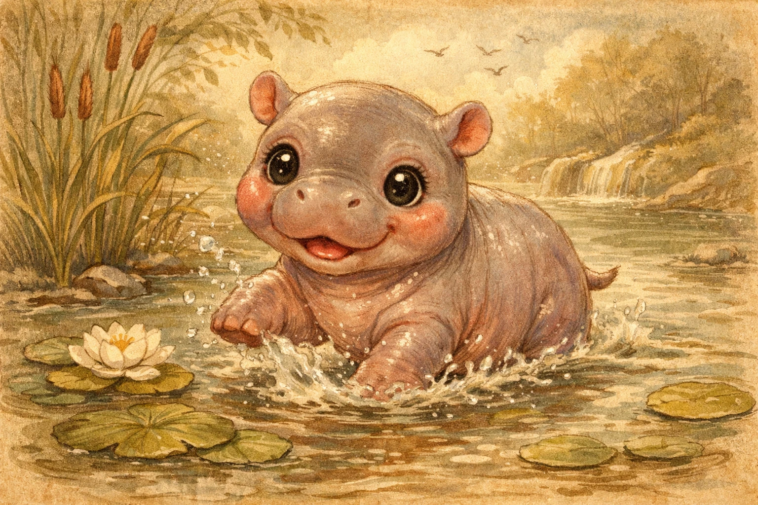 Baby hippo splashing playfully in a shallow river scene